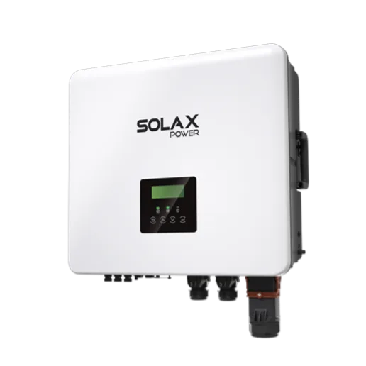 SolaX Power hibrid inverter, fehér burkolat, kijelzővel és kezelőgombokkal.
