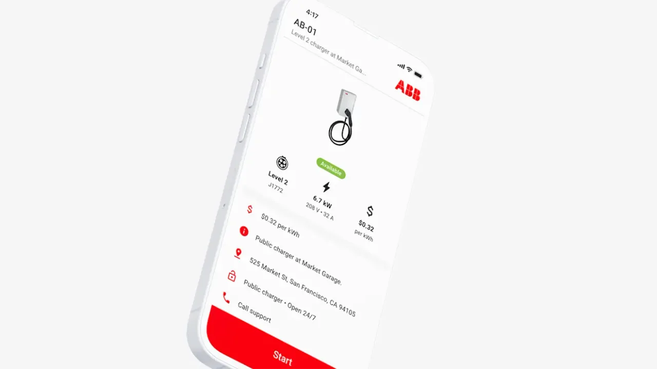Okostelefon az ABB töltő alkalmazásának képernyőjével